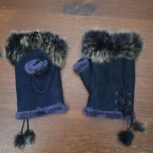 Fingerless Gloves With Fur Trim- Blue